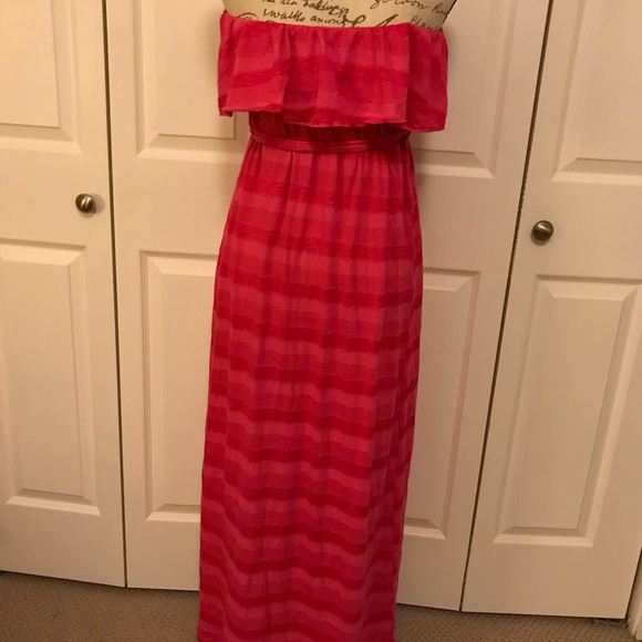 strapless ruffle maxi dress